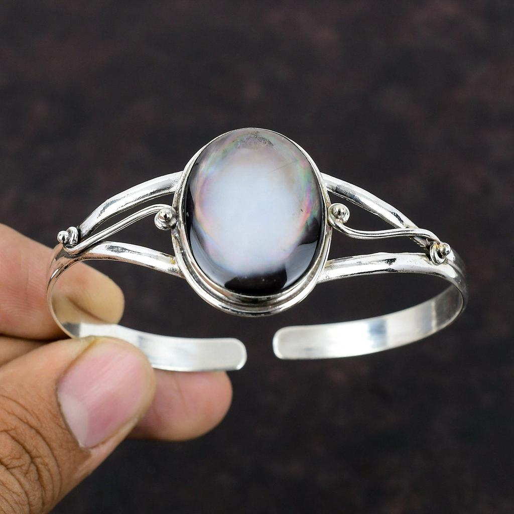 Mother Of Pearl Bangle 925 Sterling Silver Cuff Bangle Real Gemstone Adjustable Bangle Handmade Cuff Bracelet Gift For Mom Unique Jewelry