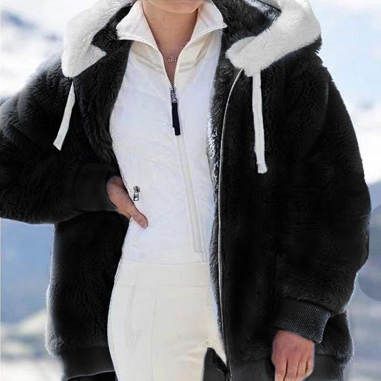 Women's Warm Loose Hooded Jacket Winter Women Long-Sleeved Color Block Zipper Fluff Hooded Warm Coat Jacket