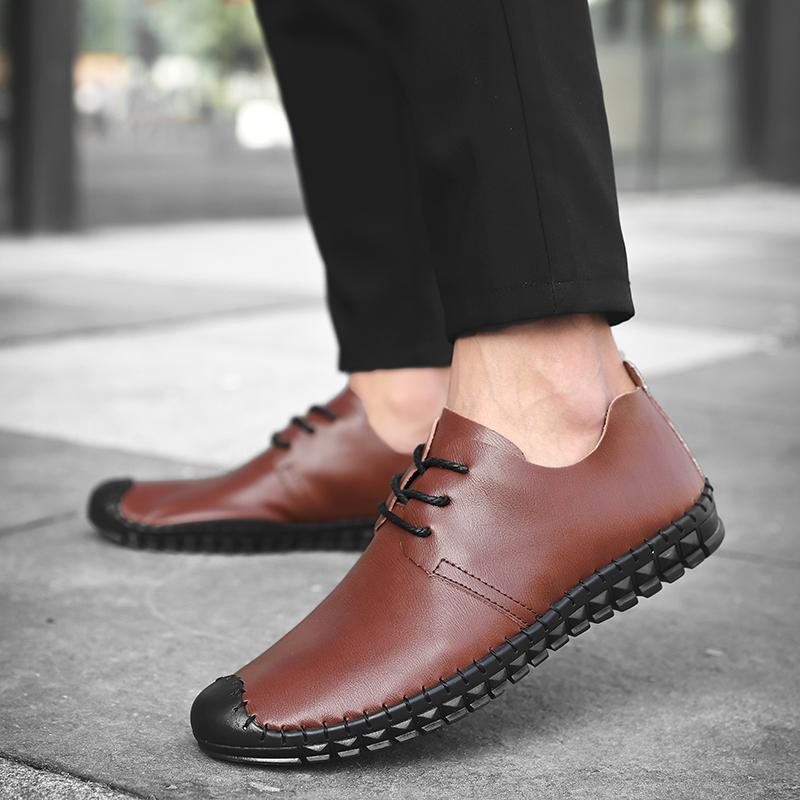 Men's Handmade Sewn Leather Shoes Comfortable Anti Slip Flat Bottom Daily Office Outdoor Leisure Walking Breathable Men's Shoes