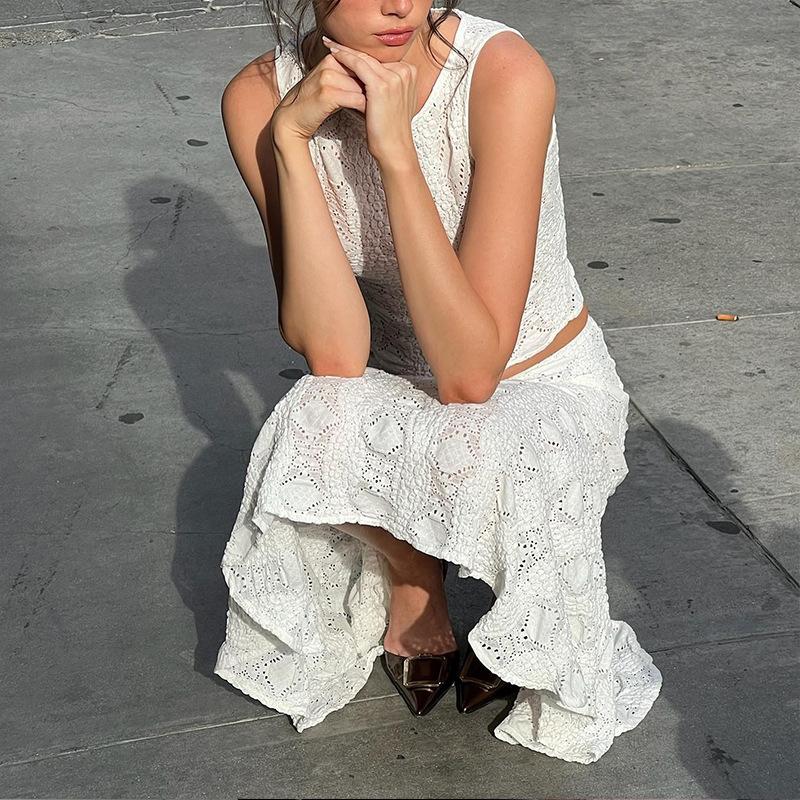 Y2K White Casual 2 Piece-Set Long Skirt Women Hollow Out Patchwork Sexy Cropped Tank Top and Maxi Skirt Sets Female Outfits