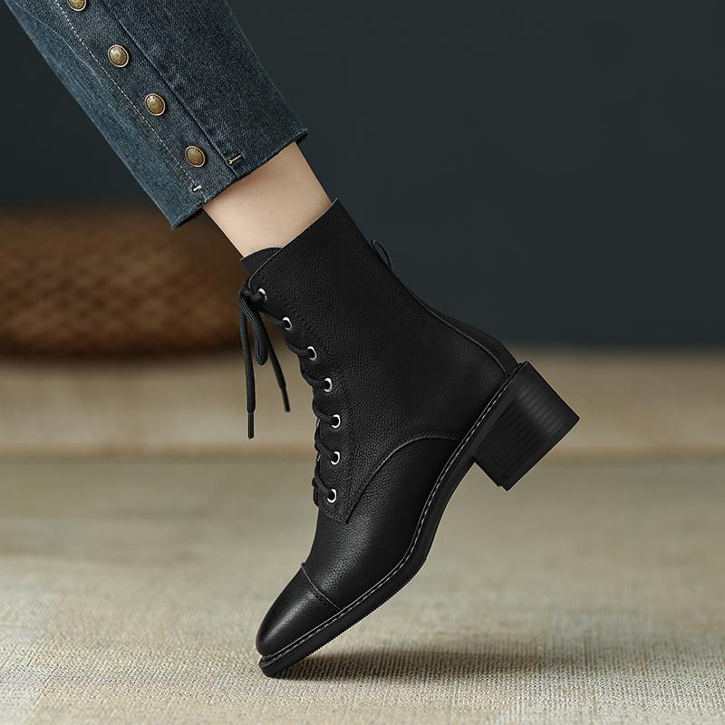 Fashion 2025 New Cross-Tied Women Short Boots Autumn Winter Genuine Leather Office Lady Square Toe Side Zipper Shoes Woman Ankle Boots