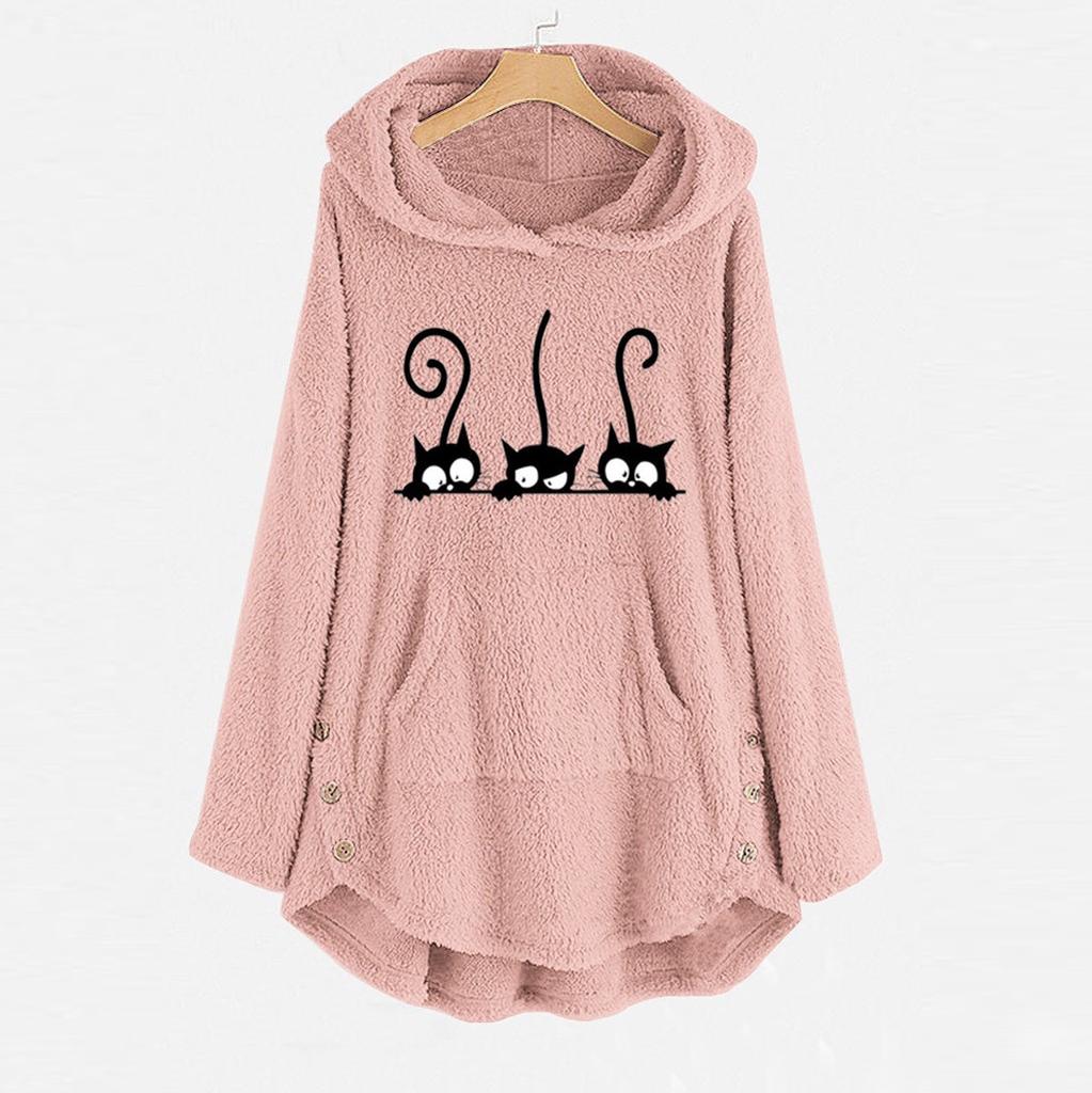 Womens Fleece Cat Embroidery Plus Size Warm Hoodie Top Button Sweater Blouse