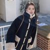 Women Winter Jacket Retro Fleece Contrast Color Thickened Plush Outerwear High Collar