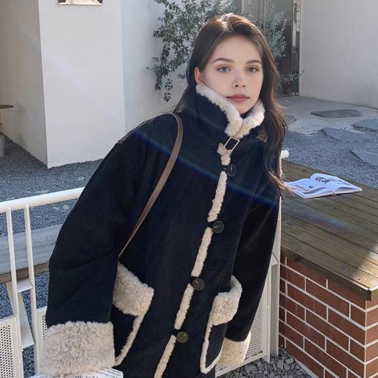 Women Winter Jacket Retro Fleece Contrast Color Thickened Plush Outerwear High Collar