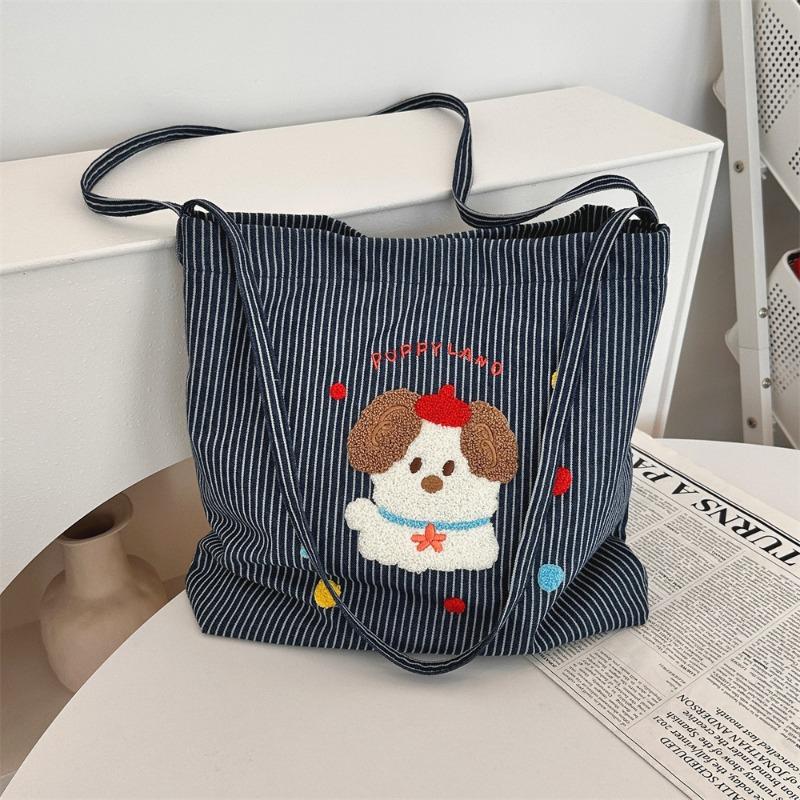 Literary Cute Puppy Cartoon Embroidered Striped Canvas Bag Student Shoulder Messenger Bag Female