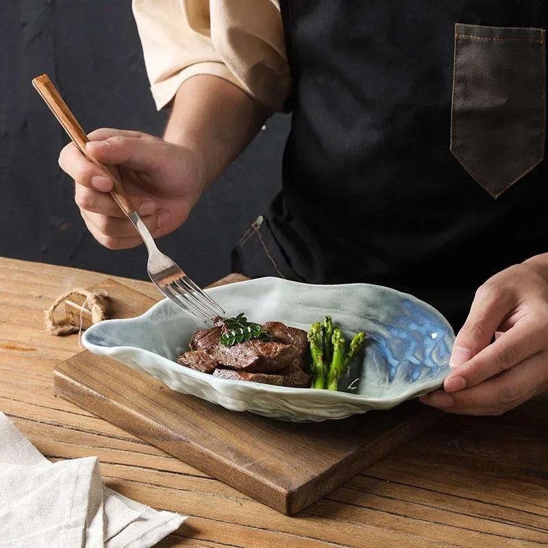 Kiln Ceramic Oyster Plate Snack Bowl Dessert Spice Bowls Fruit Salad Plate Tray Retro Tableware Oyster Shell Tray Dinner Plates