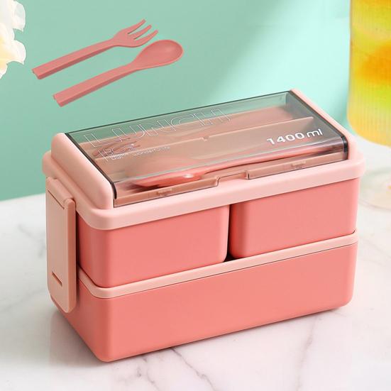 Lunch Box Compartment Design Easy Carrying Double Layer Microwave Safe Japanese Style Students Bento Box with Fork Spoon Daily Use