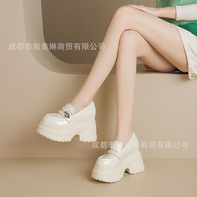12Cm Ultra-high Heel Round Head Leather Inner Height-increasing Loafers 2025 New Waterproof Platform Platform Thick-soled Buckle Lazy Single Shoes