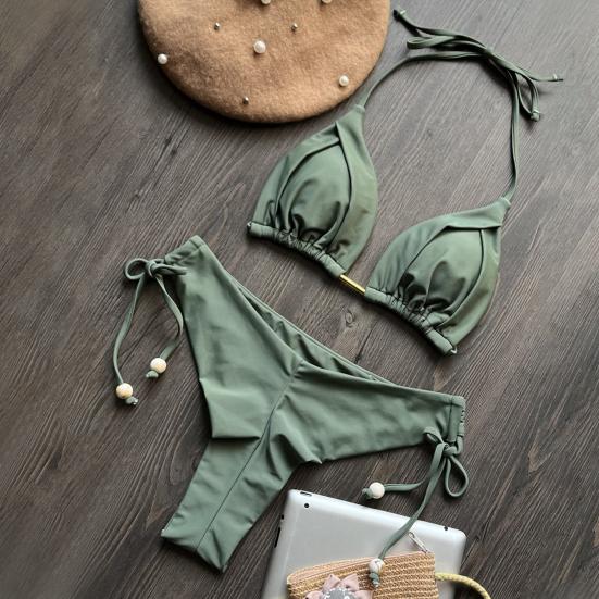 2Pcs/Set Sexy Women Bikini Set Solid Color Halter Bra High Waist Lace-up Briefs Set Push Up Swimsuit Quick Drying Beach Wear