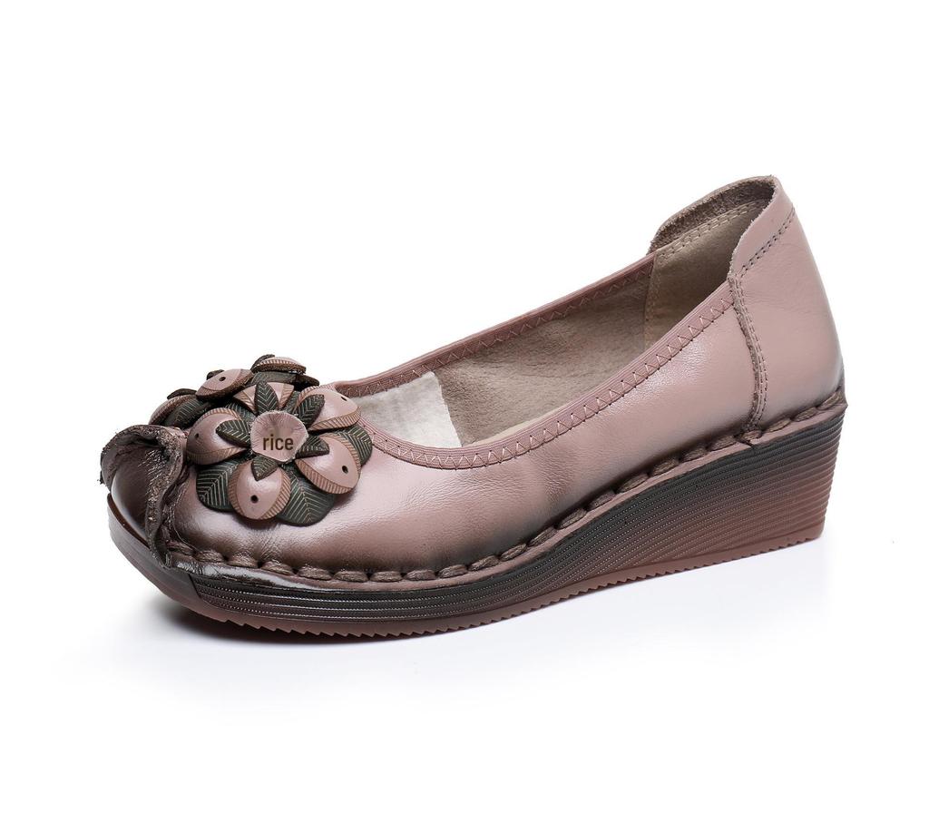 2024 Ethnic Style Cowhide Wedge Heels: Comfortable, Non-Slip, Floral Casual Shoes