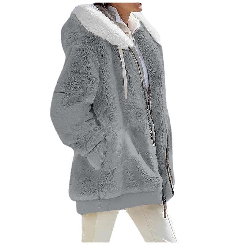 2024 Autumn/Winter Loose Plush Long Sleeve Zip Pocket Hooded Warm Coat for Women