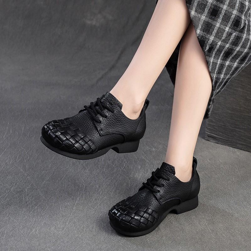Johnature Genuine Leather Comfortable Pumps Retro Solid Color Commuting Versatile Casual Women's Shoes