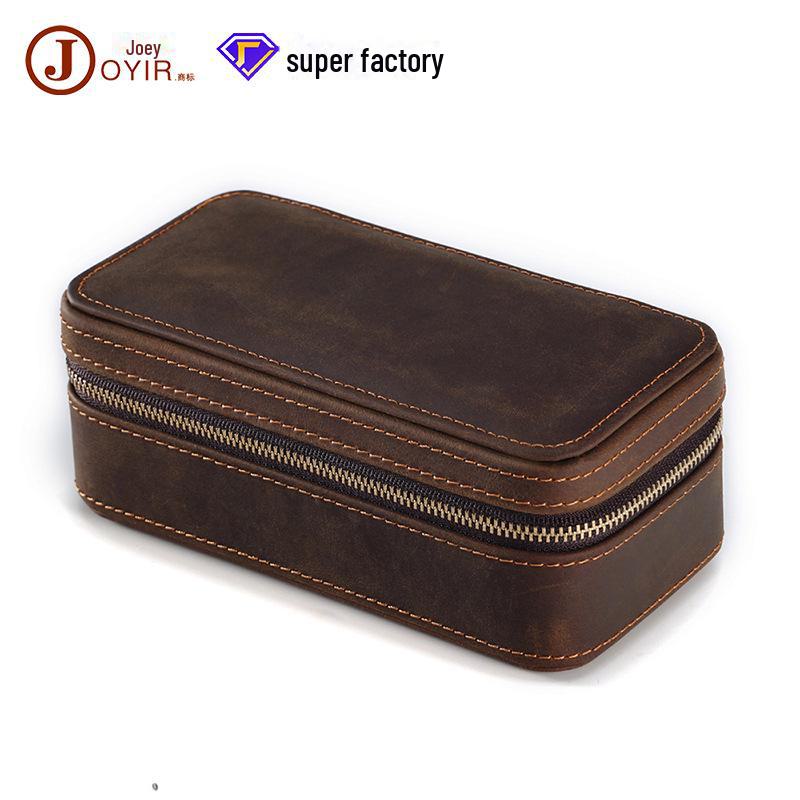 Vintage Crazy Horse Leather Travel Watch Box - Genuine Leather Zippered Storage for Single Watch