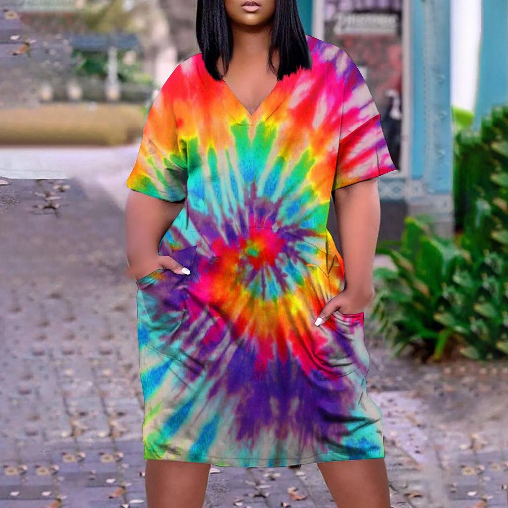 Women's Summer Plus Size V-neck Short Sleeve Print Knee Pocket Casual Dress