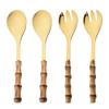 4Pcs Long Handle Serving Spork Bamboo Wooden Handle Salad Spoon Fork Stainless Steel Tableware Kitchen Cutlery Set