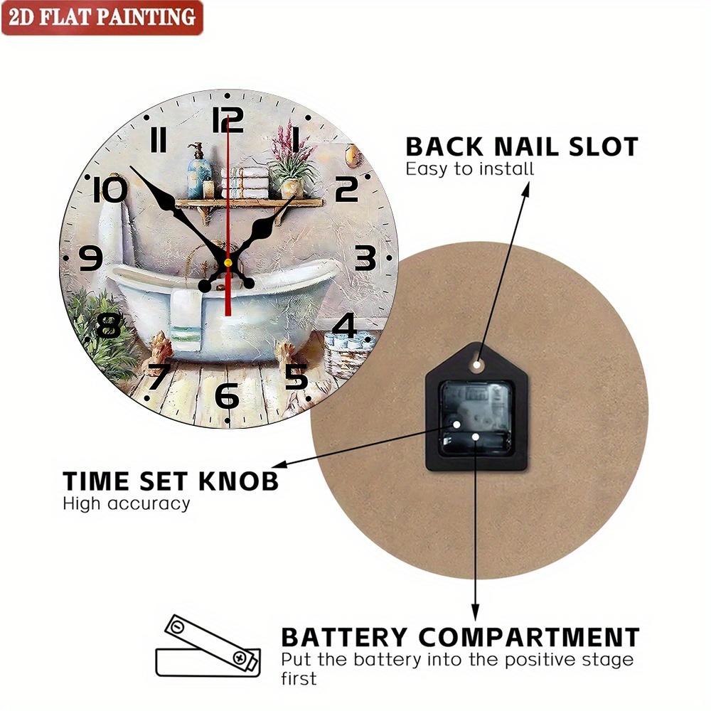 Bathroom Theme Wall Clock. Bathtub & Plants Design, Silent for Kitchen or Living Room.