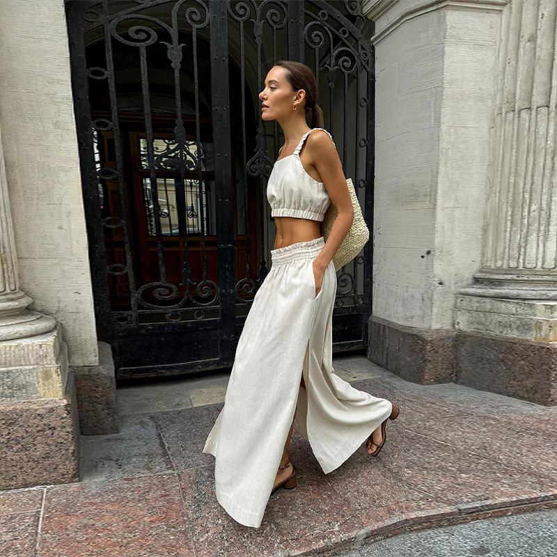 Summer Cotton Linen Women's Suspender Half Skirt Set Short Vest Casual Solid Color Set Female Split Long Skirt Matching Sets
