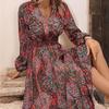 Women's Long-sleeved V-neck Elastic Waist Elegant Printed Long Dress