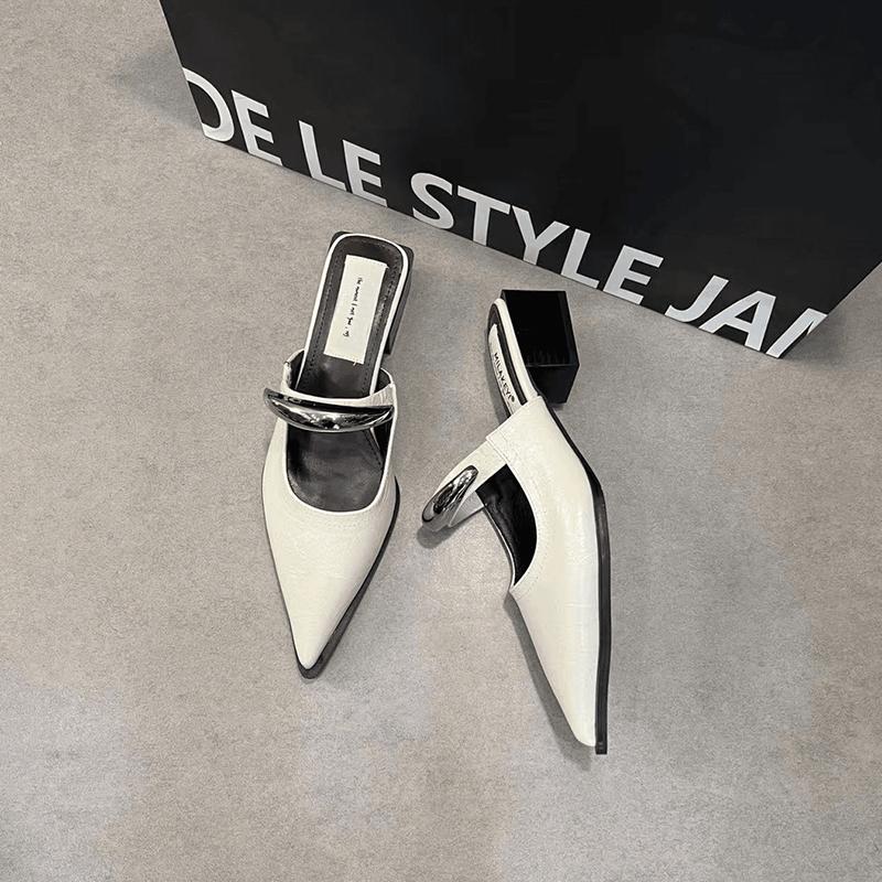 Summer Women Cover Toe Mules Slippers Fashion Metal Decoration Thick Heel Slide Shoes Comfort Street Style Footwear