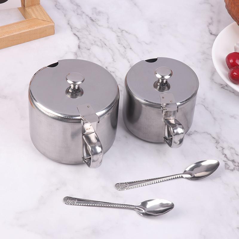 Practical Stainless Steel Sugar Bowl With Handle Lid Spoon Dustproof Waterproof Seasoning Jar Kitchen Restaurant Spice Container