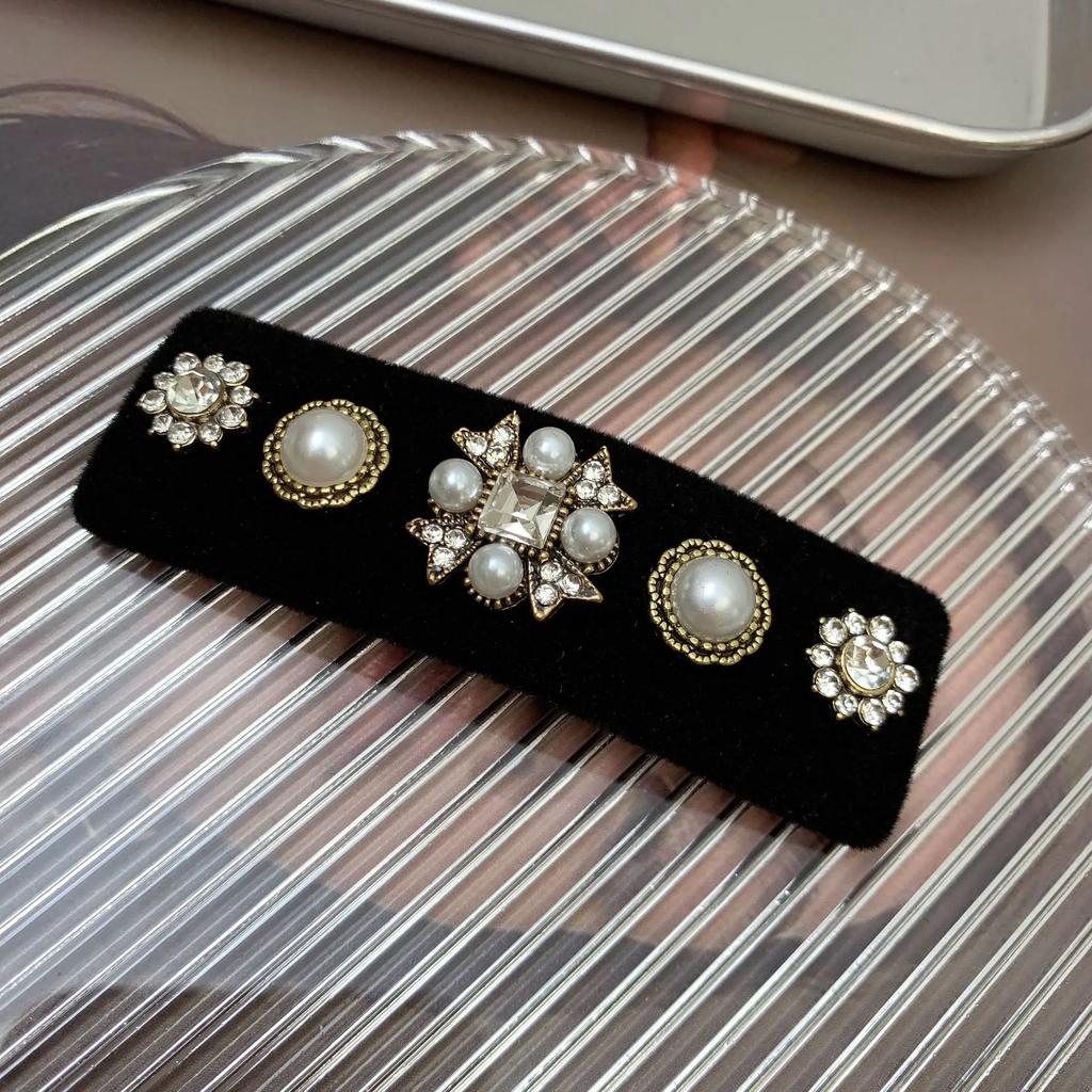 Korean Hair Accessories Heavy Industry Baroque Retro Rhinestone Edge Clip Velvet Bangs BB  Elegant Women's  Headwear