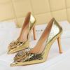 Fashion Silver Gold Flower Stone Patterned High-heeled Shoes European American Pointed Fashion Shopping Party Commuting Single Shoes 43