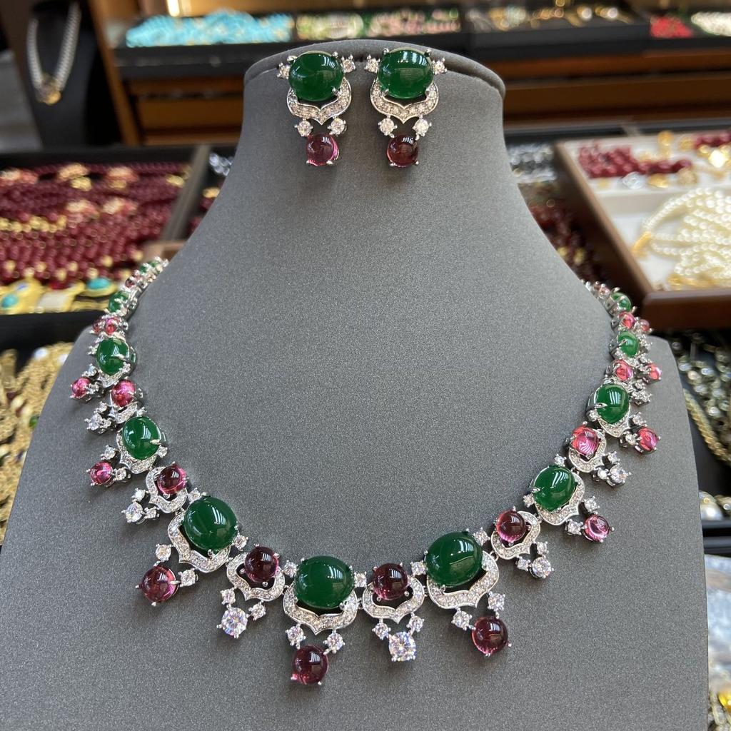 Wind Bride with Diamond Zircon Necklace Earrings Set Summer Emerald Oval Luxury Jewelry