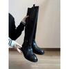 Cowhide Version~ High Tube Temperament Metal Buckle But Knee Knight Boots Women's Black Leather Thick Heel Side Zipper Boots