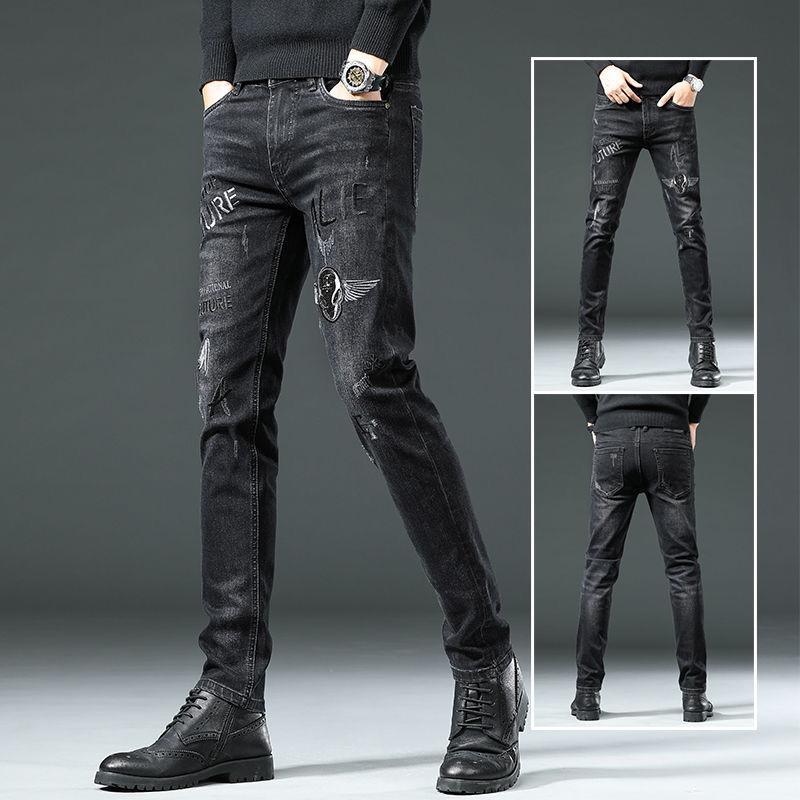 Black Jeans Men's Autumn High-end Trend Embroidery Printing Slim Spring and Autumn Models Small Foot Jeans Trousers