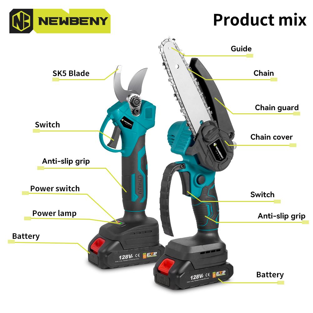 Newbeny Brushless 6 Inch Electric Saw+ 30mm Electric Pruning Shears Set Cordless Garden Woodworking Tools For Makita 18V Battery