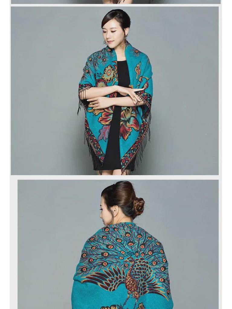 Lijiang Ethnic Style Double-Sided Phoenix Jacquard Cashmere Shawl and Scarf for Women