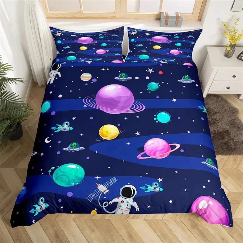 Astronaut Duvet Cover Set, Space Bedding Set for Kids Boys, Sky Galaxy Themed Comforter Cover, Queen/King/Twin Size Quilt Cover
