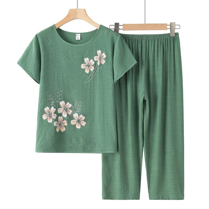 Elderly Women's Cotton Linen Short Sleeve Two-Piece Summer Outfit