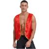 Mens Arabian Prince Costume Stain Vest Shiny Gold Trim Open Front Curved Waistcoat