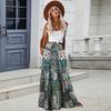 Women Maxi Skirt High Waist Large Hem Boho Printed Ruffle Stitching Long Skirt Summer