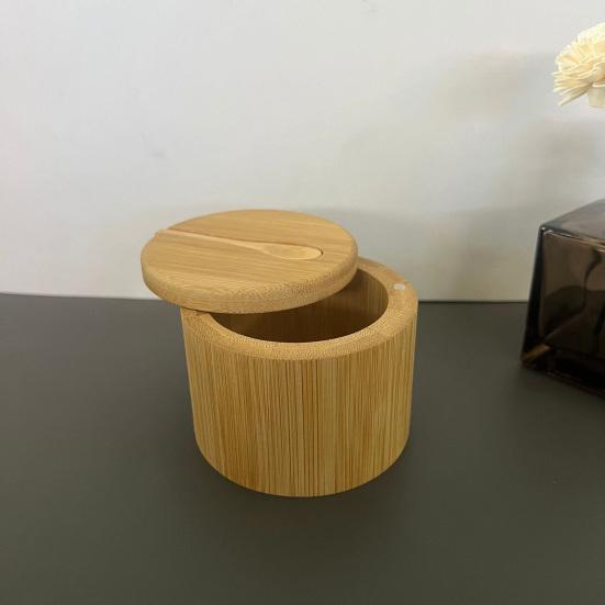 Bamboo Seasoning Storage Box with Magnetic Swivel Lid Wooden Salt Cellar Pepper Sugar Spice Holder Round Container Bowl Kitchen Gadgets