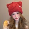 Autumn and Winter Cat Ear Bow Hat for Women with Cute Woolen Hat Big Head Circumference Showing Face Small Casual Trendy Warm Knitted Hat