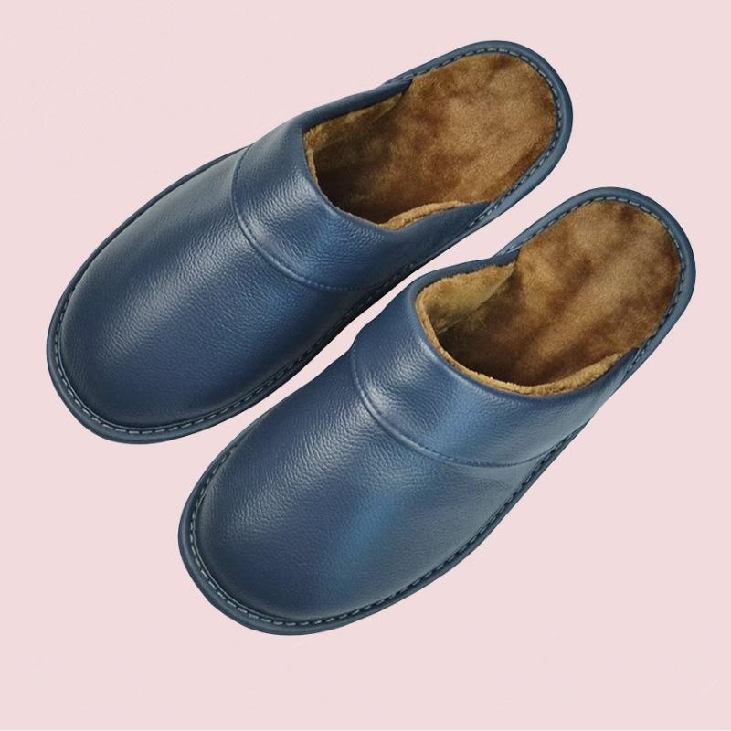 Fleece Warm Winter Cow Split Leather Unisex Handmade Slippers Slip On Soft Comfortable Bedroom Indoor Flats Men Women Padded Warm Slippers Shoes