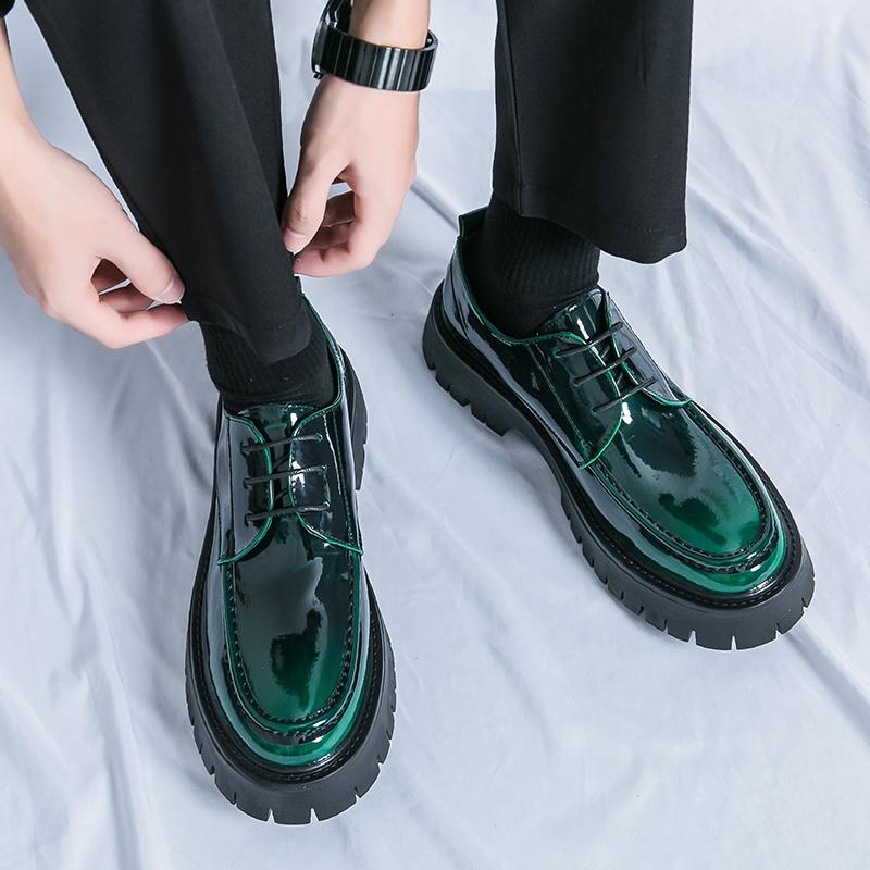 New Men's Fashion Thick Soled Leather Shoes Business Lace Up Oxford Green Black Waterproof Platform Shoes Wedding Height Shoes
