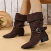 Fashion Fashion Metal Belt Buckle Decoration Riding Boots Women 2025 Autumn Sexy Point Toe Suede Western Boots Slip On Mid Calf Booties