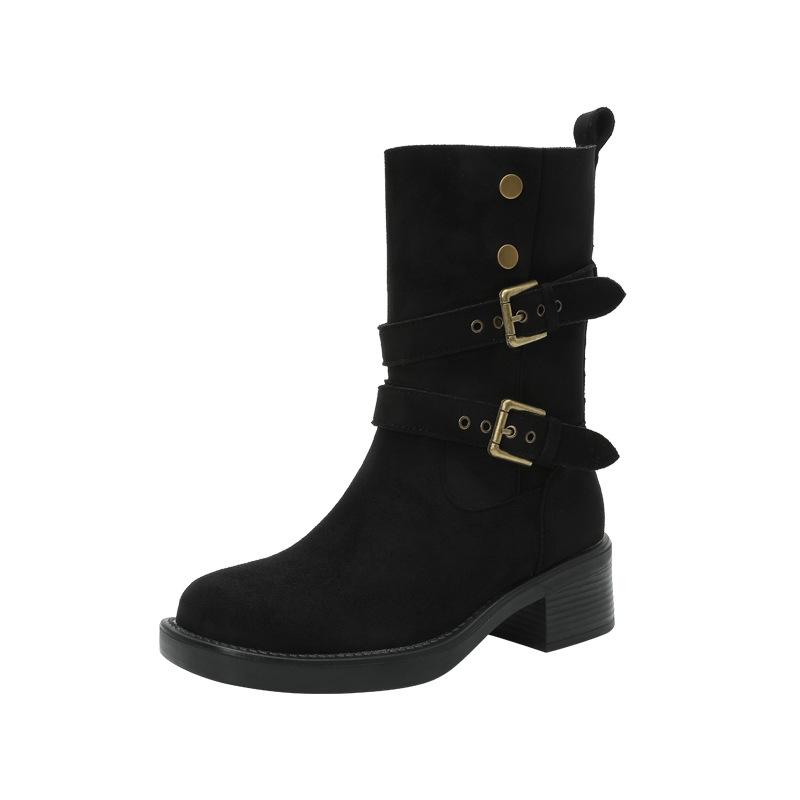 Retro Suede Western Cowboy Boots Women's Autumn and Winter Medium Tube Thick Heel Two Wear Lapel Short Boots Women's Belt Buckle Martin Boots