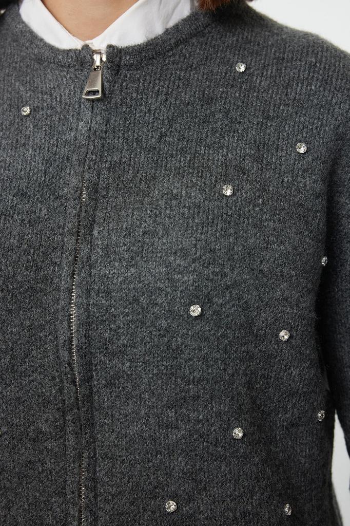 Women's Fashionable Stylish Hijab Cardigan Gray Stone Detailed Zippered Knitwear Cardigan