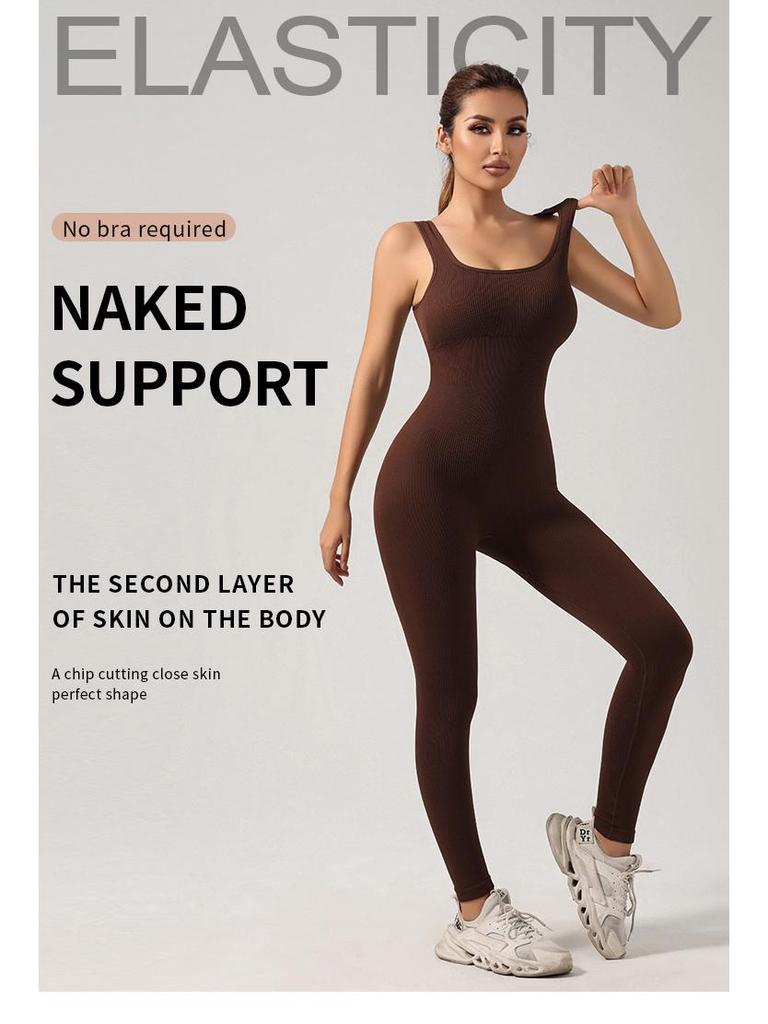 Seamless Ribbed Fitness Jumpsuit with Chest Pad