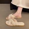 Xiaoxiangfeng Cool Slippers Women's 2025 Summer Korean Version New Outer Wear Fairy Style Lady Beaded Flat Heel Fashion Slippers