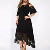 Embroidery Lace Patchwork Plus Size Women Dress Flare Short Sleeve Cold Shoulder High-Waist