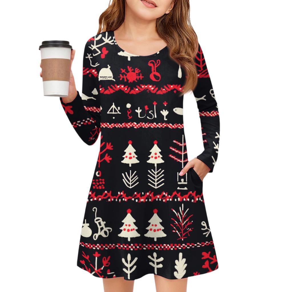 Christmas Day Girls' Long Sleeve Dress - Color Pocket Dress