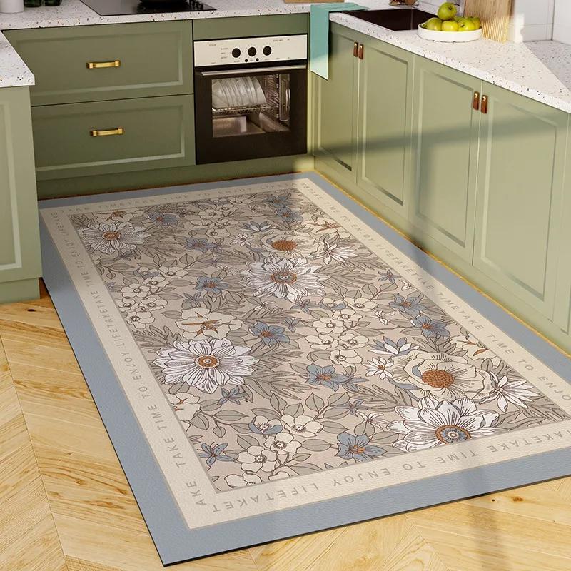 Rug for Kitchen Vinyl Carpet Pvc Waterproof Leather Floor Mat Large Pink Flower Floral Pastoral Style Home Decoration Rugs