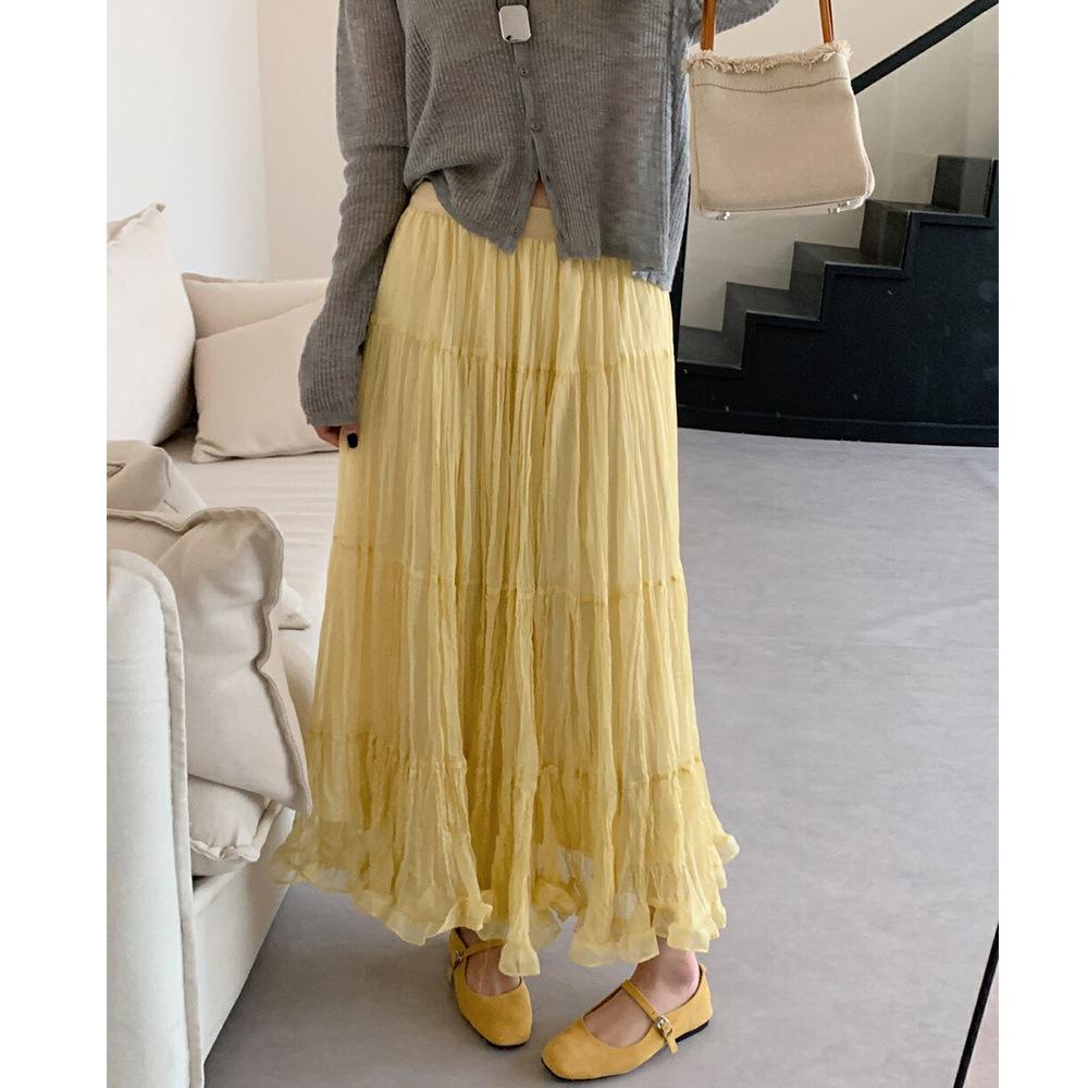 French Gentle Wind Ruffle Leaf Edge Mesh Skirt Women's Summer Long Pleated Thin Lazy Holiday Style A-word Skirt