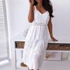 Summer Hook Hollow Flower Sexy Dress Elegant Casual Sleeveless Lace Dress Sweet Patchwork Strap Backless Beach White Dress 25181