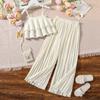 Summer Girls Clothes Suits Solid Ruffles Sleeveless Sling Tank Tops and Elastic Waist Pleated Wide-Leg Pants 2 Pcs Set